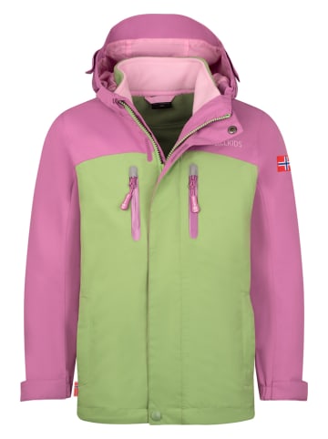 Trollkids 3in1-Funktionsjacke "Bryggen" in Grün/ Rosa