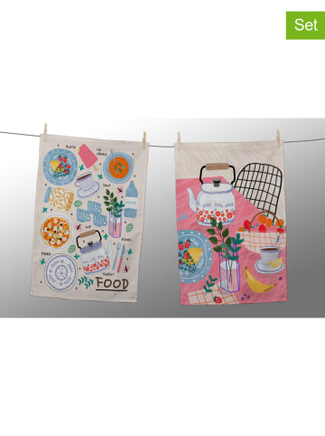 little nice things 2-delige set: theedoeken "Food" crème/meerkleurig - (L)65 x (B)47 cm
