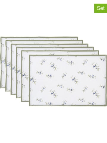 Clayre & Eef 6-delige set: placemats wit/olijfgroen - (L)48 x (B)33 cm