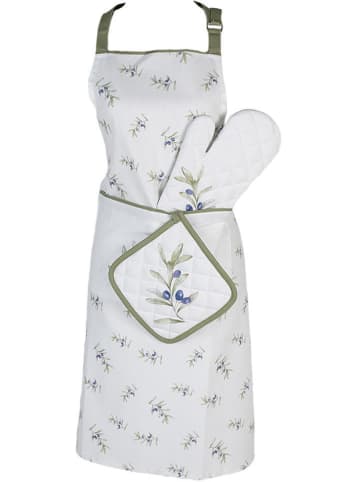 Clayre & Eef Kookschort wit/olijfgroen - (L)70 x (B)85 cm