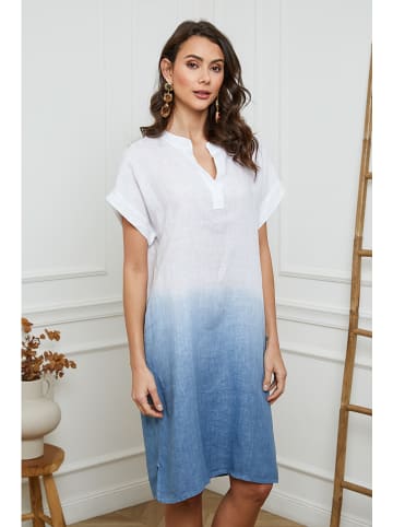Fleur de Lin Leinen-Kleid in Weiß/ Hellblau