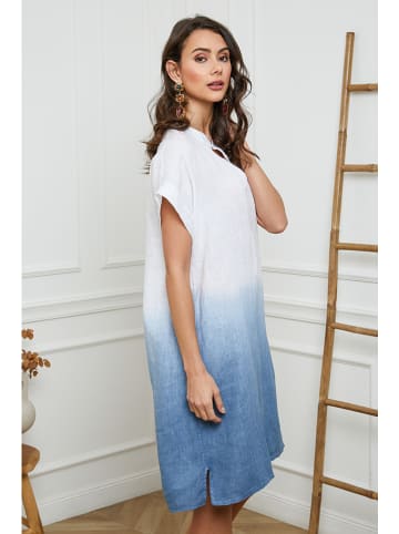 Fleur de Lin Leinen-Kleid in Weiß/ Hellblau
