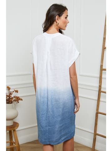 Fleur de Lin Leinen-Kleid in Weiß/ Hellblau