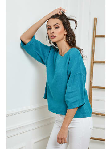 La Compagnie Du Lin Linnen blouse turquoise