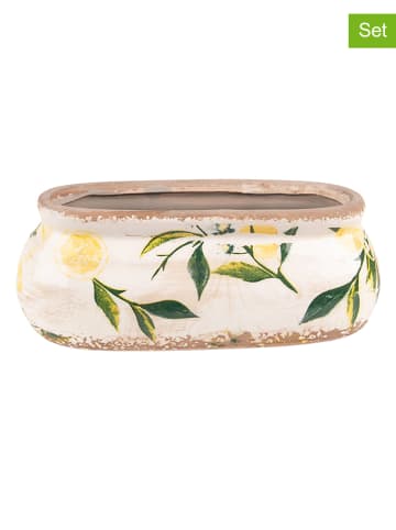 Clayre & Eef 2-delige set: bloempotten beige/groen/geel - (B)18 x (H)7 x (D)7 cm