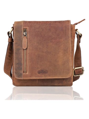 SPARWELL Leder-Umhängetasche "Bruno" in Cognac - (B)18,5 x (H)21 x (T)5,5 cm