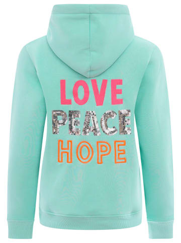 Zwillingsherz Hoodie "Love Peace Hope" turquoise
