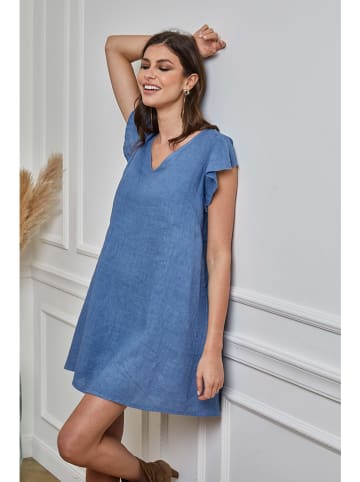 La Compagnie Du Lin Lniana sukienka "Emeraude" w kolorze niebieskim