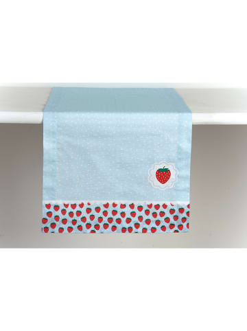 IHR Tafelloper "My Little Strawberries" lichtblauw/rood - (L)45 x (B)150 cm
