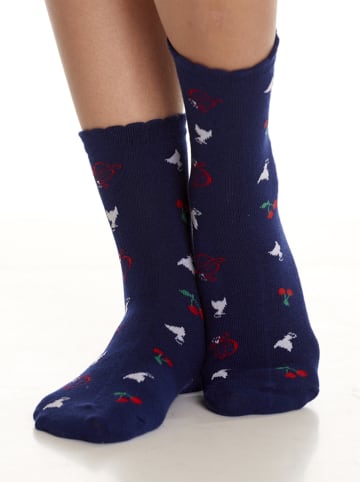 Pussy Deluxe 3-delige set: sokken "Cherry Logos & Cats" donkerblauw