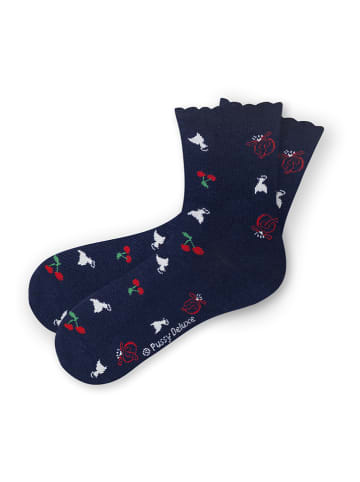 Pussy Deluxe 3-delige set: sokken "Cherry Logos & Cats" donkerblauw