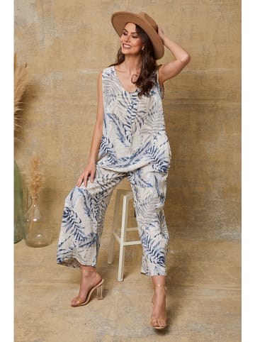 Joséfine Leinen-Jumpsuit "Magda" in Beige/ Dunkelblau