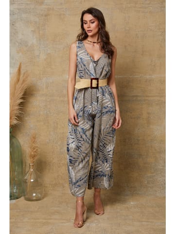 Joséfine Leinen-Jumpsuit "Magda" in Taupe/ Blau