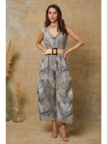 Joséfine Leinen-Jumpsuit "Magda" in Taupe/ Blau