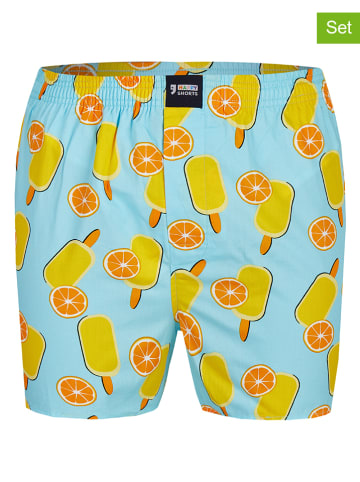 Happy Shorts 2er-Set: Webboxershorts in Hellblau/ Gelb