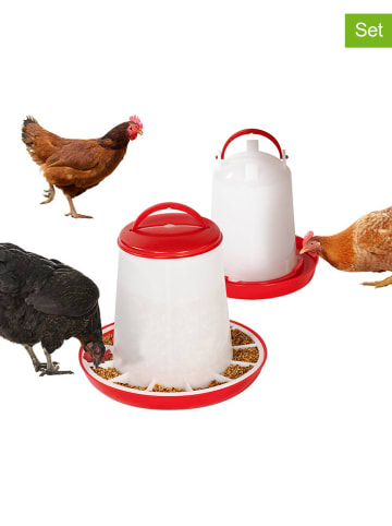 Inkazen 2-delige set: drink- & voerdispenser wit/rood