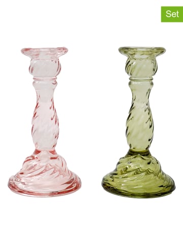 SiL Interiors 2-delige set: kaarshouders "Twisted" lichtroze/groen - (H)20  x Ø 10,5 cm