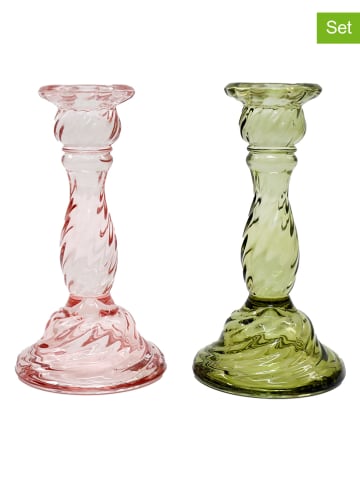 SiL Interiors 2-delige set: kaarshouders "Twisted" lichtroze/groen - (H)16,5  x Ø 9 cm