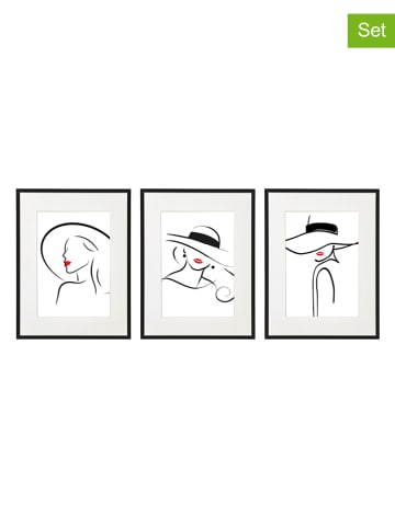 SiL Interiors 3er-Set: Gerahmter Kunstdruck "Lady" in Schwarz/ Weiß/ Rot - (L)25 x (B)20 cm