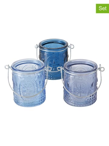 Boltze 3er-Set: Windlichter "Country" in Blau - (H)17 cm