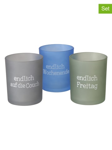 Boltze 3-delige set: windlichten "Freitag" grijs/blauw - (H)9 cm