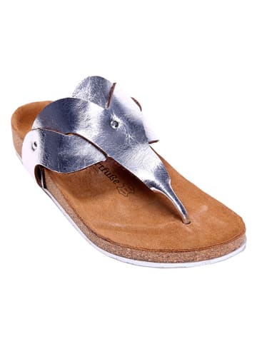 Comfortfusse Leren teenslippers zilverkleurig