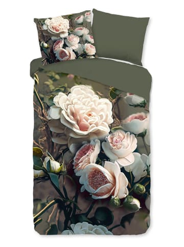 Pure Mikrofaser-Bettwäsche-Set "White Roses" in Khaki/ Rosa