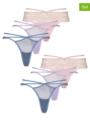 Hunkemöller 6-delige set: strings blauw/lichtroze/paars