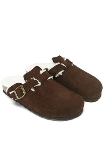 Mandel Leren clogs donkerbruin