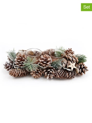 SiL Interiors 2er-Set: Teelichhalter in Grün/ Braun - (B)32 x (H)8 x (T)15 cm