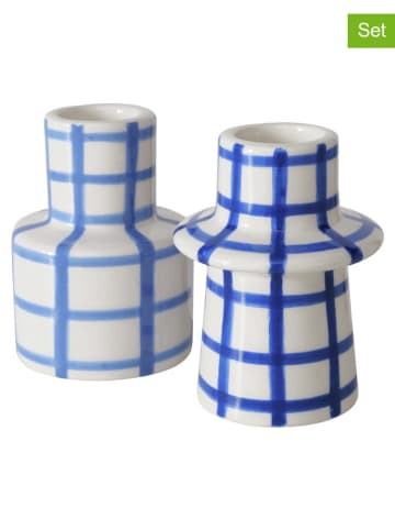 Boltze 2er-Set: Kerzenhalter ''Checky'' in Blau/ Weiß - (H)7,3 cm