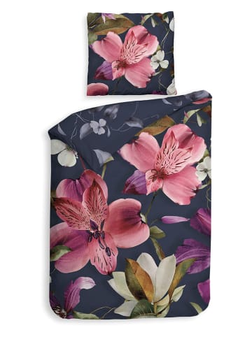 HNL Satijnen beddengoedset "Tropici" donkerblauw/lichtroze