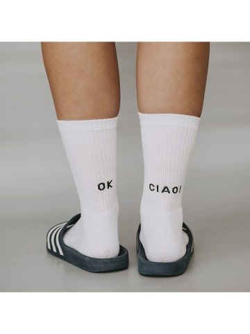 Eulenschnitt Socken "Ok Ciao!" in Weiß