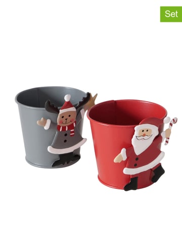 Boltze 2-delige set: overpotten "Jonte" rood/grijs - (H)8 x Ø 8 cm