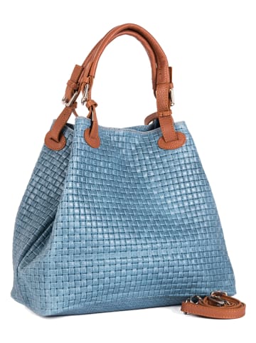 Lucca Baldi Leder-Schultertasche "Fosdinovo" in Hellblau - (B)37 x (H)45 x (T)15 cm