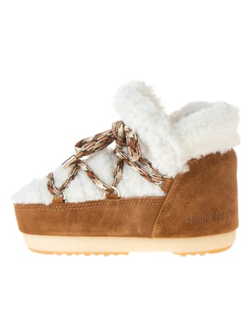 Moon Boot Leder-Boots "Pumps Shearling" in Weiß/ Hellbraun