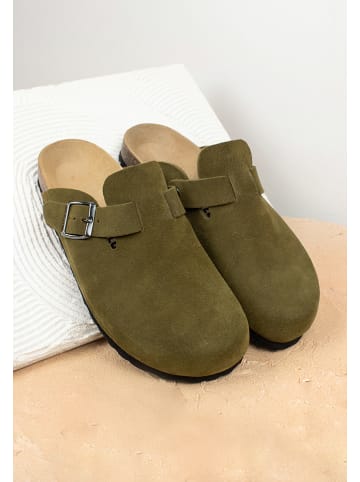 billowy Leder-Clogs in Khaki