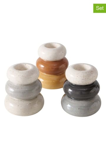 Boltze 3er-Set: Teelichthalter "Tobi" in Grau/ Hellbraun/ Weiß - (H)13 x Ø 11,5 cm