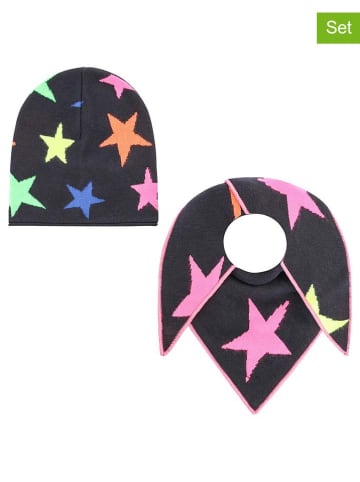 Zwillingsherz 2-delige set: muts en driehoekige doek "Neon Stern" donkerblauw/meerkleurig