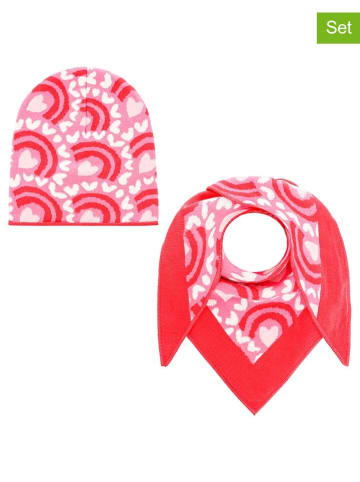 Zwillingsherz 2-delige set: muts en driehoekige doek "Regenbogen" rood/lichtroze