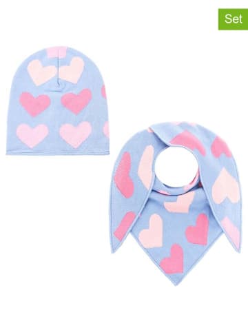 Zwillingsherz 2-delige set: muts en driehoekige doek "Frühlingsherz " lichtblauw/roze