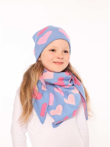 Zwillingsherz 2-delige set: muts en driehoekige doek "Frühlingsherz " lichtblauw/roze