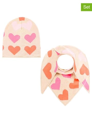 Zwillingsherz 2-delige set: muts en driehoekige doek "Frühlingsherz " beige/lichtroze/oranje