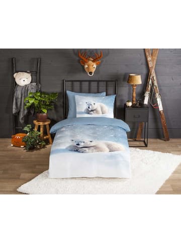 Good Morning Flanellen beddengoedset "Esben" lichtblauw/wit
