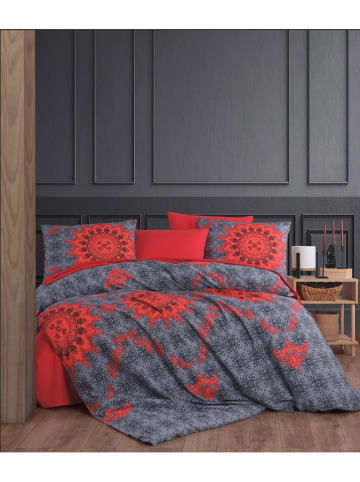 Colourful Cotton Beddengoedset "Saltanat" antraciet/rood