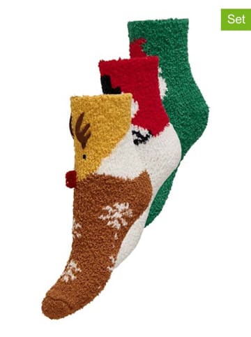 ONLY 3er-Set: Fleecesocken in Rot/ Hellbraun/ Grün