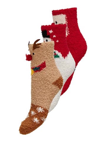 ONLY 3er-Set: Fleecesocken in Rot/ Hellbraun