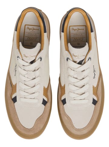 Pepe Jeans FOOTWEAR Leder-Sneakers "Travis Retro" in Creme/ Hellbraun