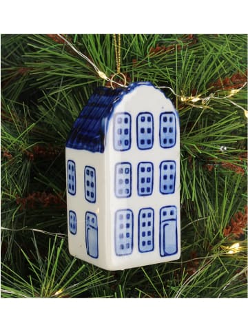 Kersten 2-delige set: kerstballen "Canal House" wit/blauw - (H)9 cm