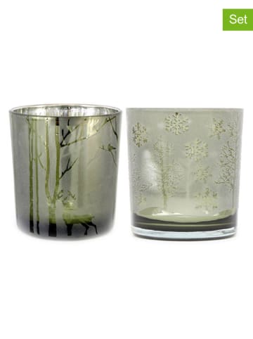 SiL Interiors 2-delige set: windlichten "Deer/Tree" groen - (H)8 x Ø 7,5 cm